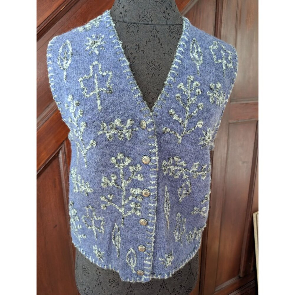 Hand-Embroidered Wool Vest By Portraits Northern Isles Purple Floral S/P